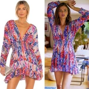 MISA Chiara Mini Dress Feathers of Corfu Multicolor Long Sleeve Large EUC M